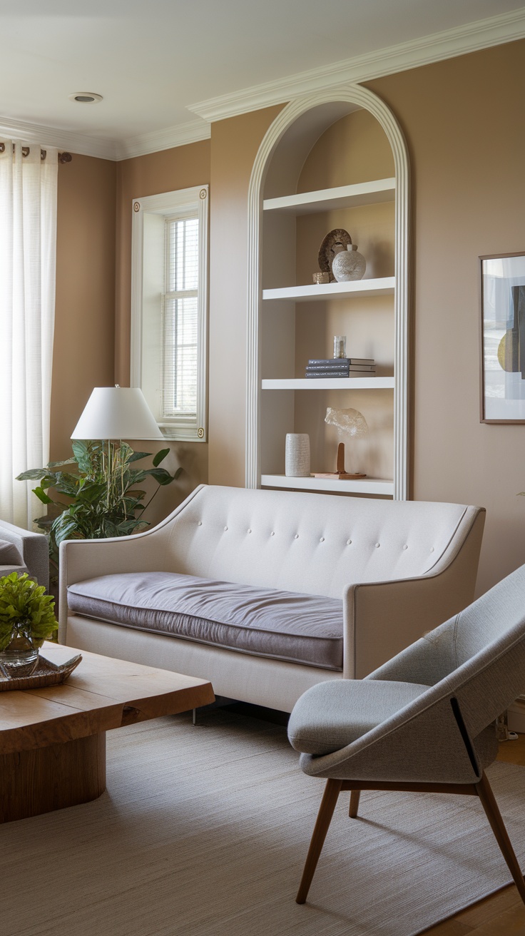 A cozy living room featuring a soft color palette, modern furniture, and a warm atmosphere