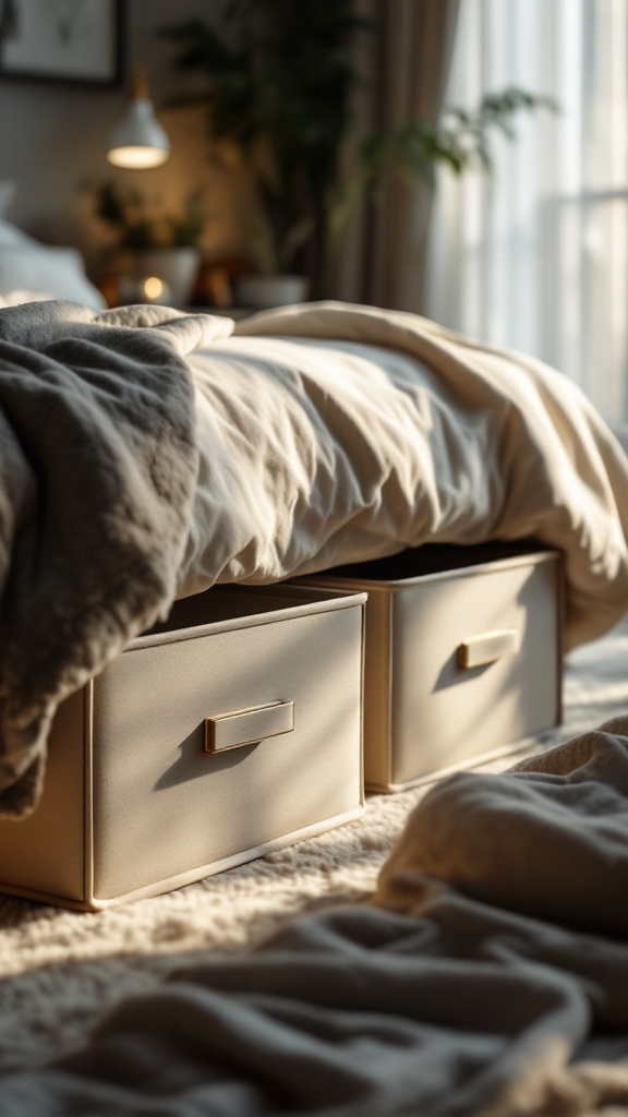 Stylish storage bins placed under a bed, enhancing space optimization in a cozy bedroom