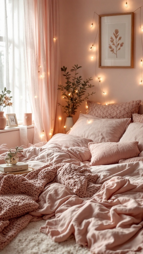 Cozy bedroom with soft blush pink decor, fairy lights, and plants