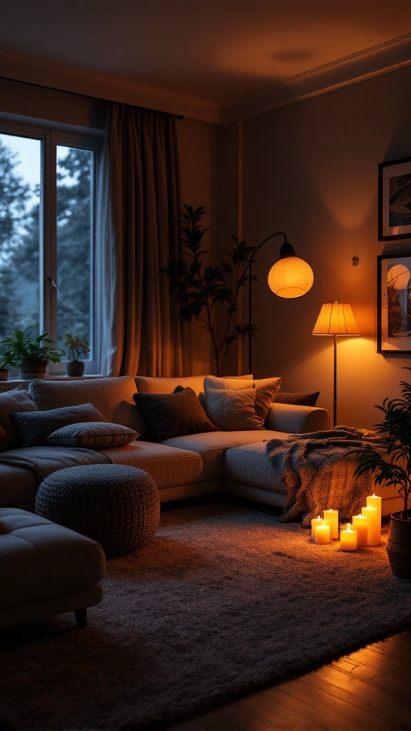 A cozy living room with soft lighting, featuring a couch, candles, and a warm atmosphere.