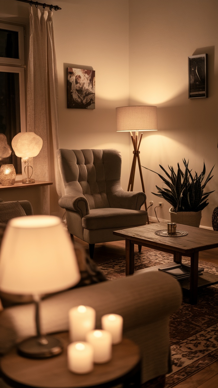 A cozy living room with soft lighting, featuring a floor lamp, a table lamp, and candles, creating a warm atmosphere.