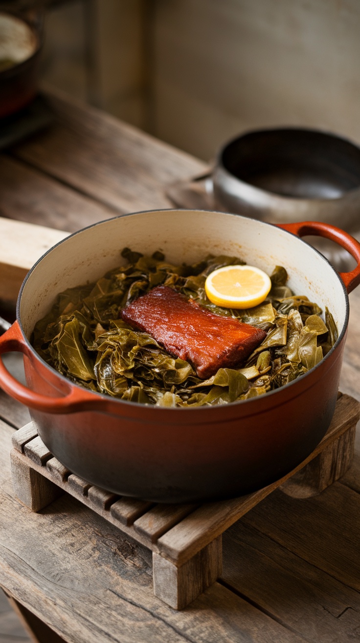 A pot of Southern-style collard greens with smoked meat, featuring a slice of lemon on top.