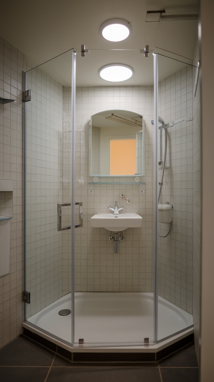 Compact corner shower design with glass enclosure and small sink.