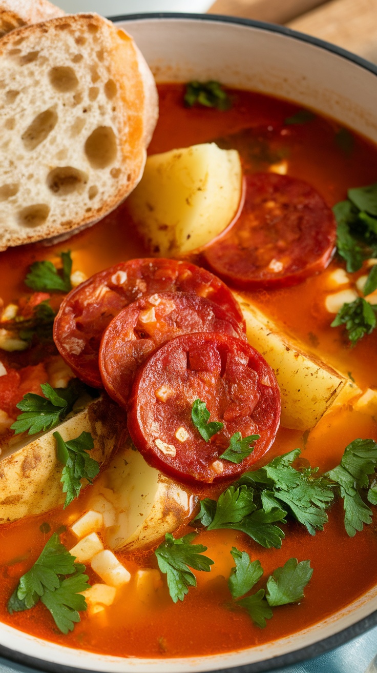 A bowl of Spanish Potato Soup with chorizo, topped with fresh parsley and served with a slice of bread.