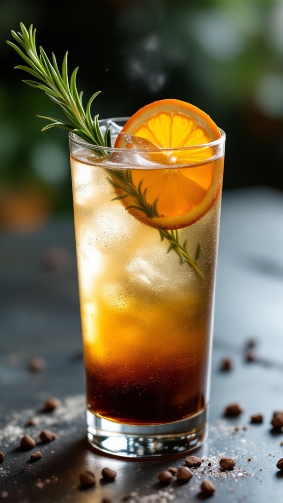 A refreshing glass of sparkling espresso tonic garnished with orange and rosemary.