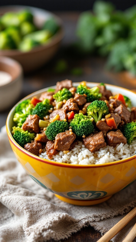 A bowl of beef and broccoli served over rice with vibrant colors