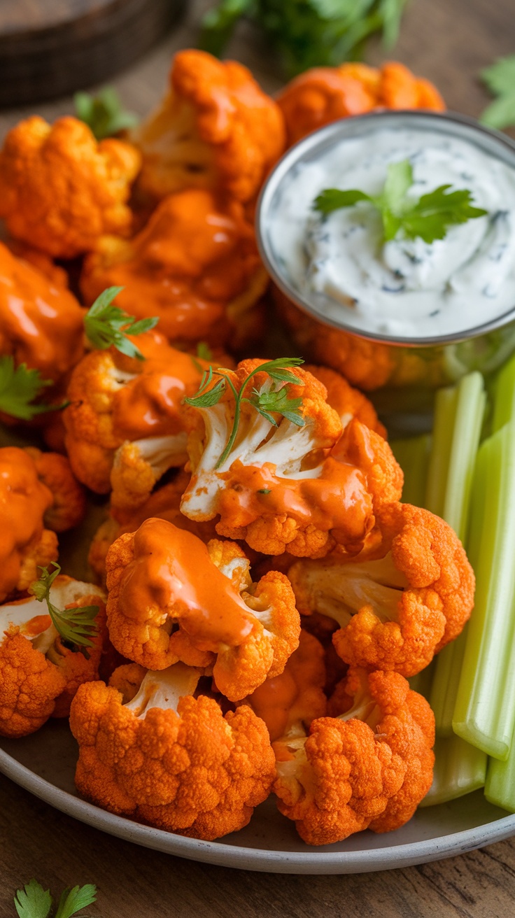 Spicy buffalo cauliflower bites with celery and dipping sauce