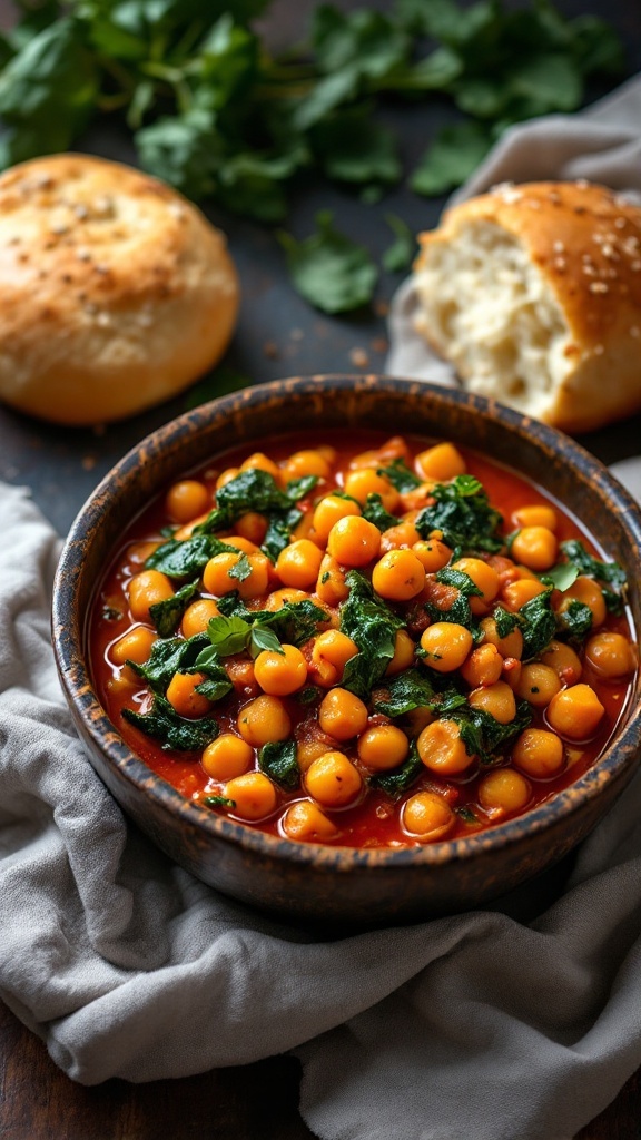 A bowl of spicy chickpea and spinach stew served with bread rolls on the side.