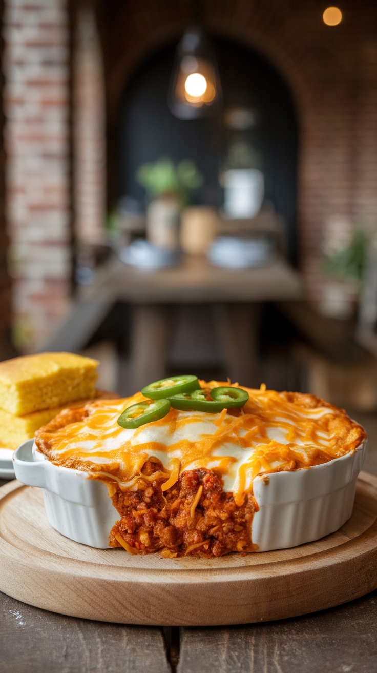 A delicious spicy chili shepherd's pie baked to perfection, topped with melted cheese.