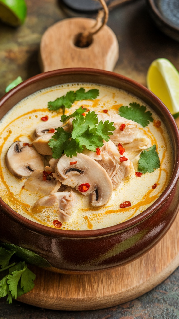A bowl of spicy coconut chicken mushroom soup garnished with fresh cilantro and sliced red chilies.