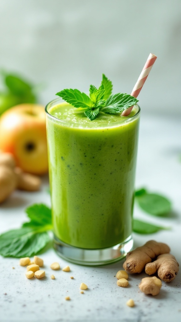 A refreshing green smoothie in a glass with mint leaves and a straw, surrounded by ginger and apple.