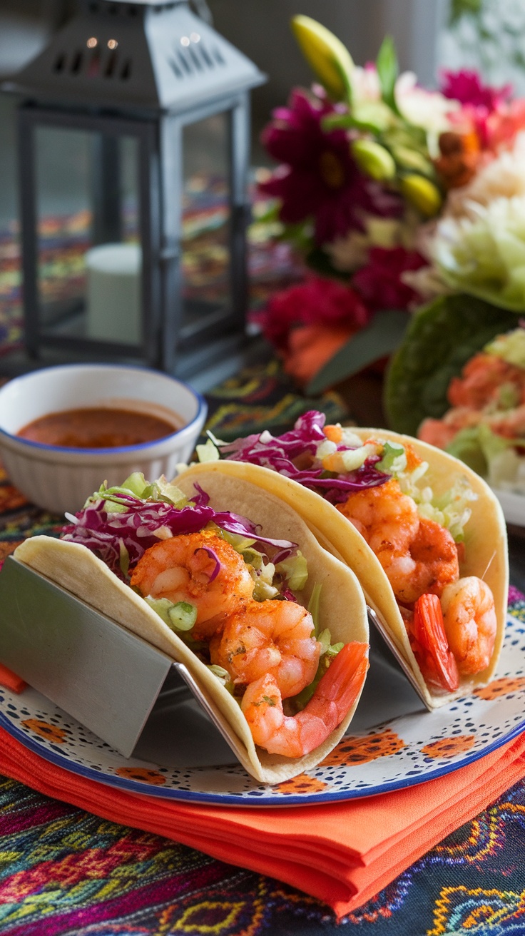 Spicy shrimp tacos served with cabbage slaw on a plate.