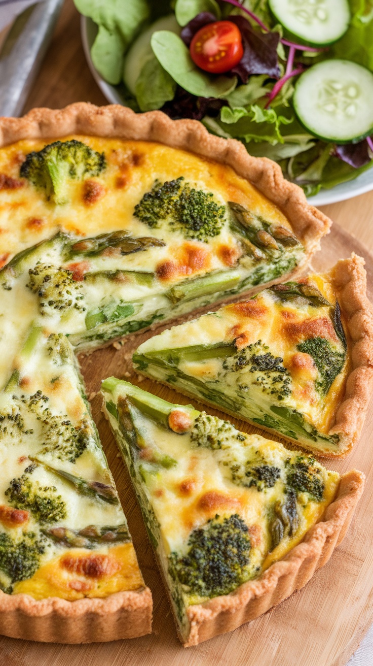 A delicious spring vegetable quiche with broccoli and asparagus, served with a fresh salad.