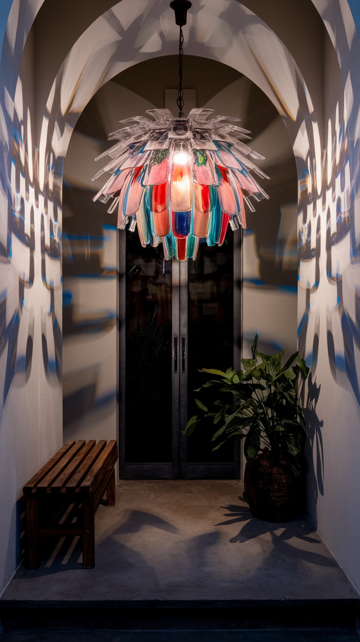 A colorful chandelier hanging in an entryway, casting shadows on the wall.