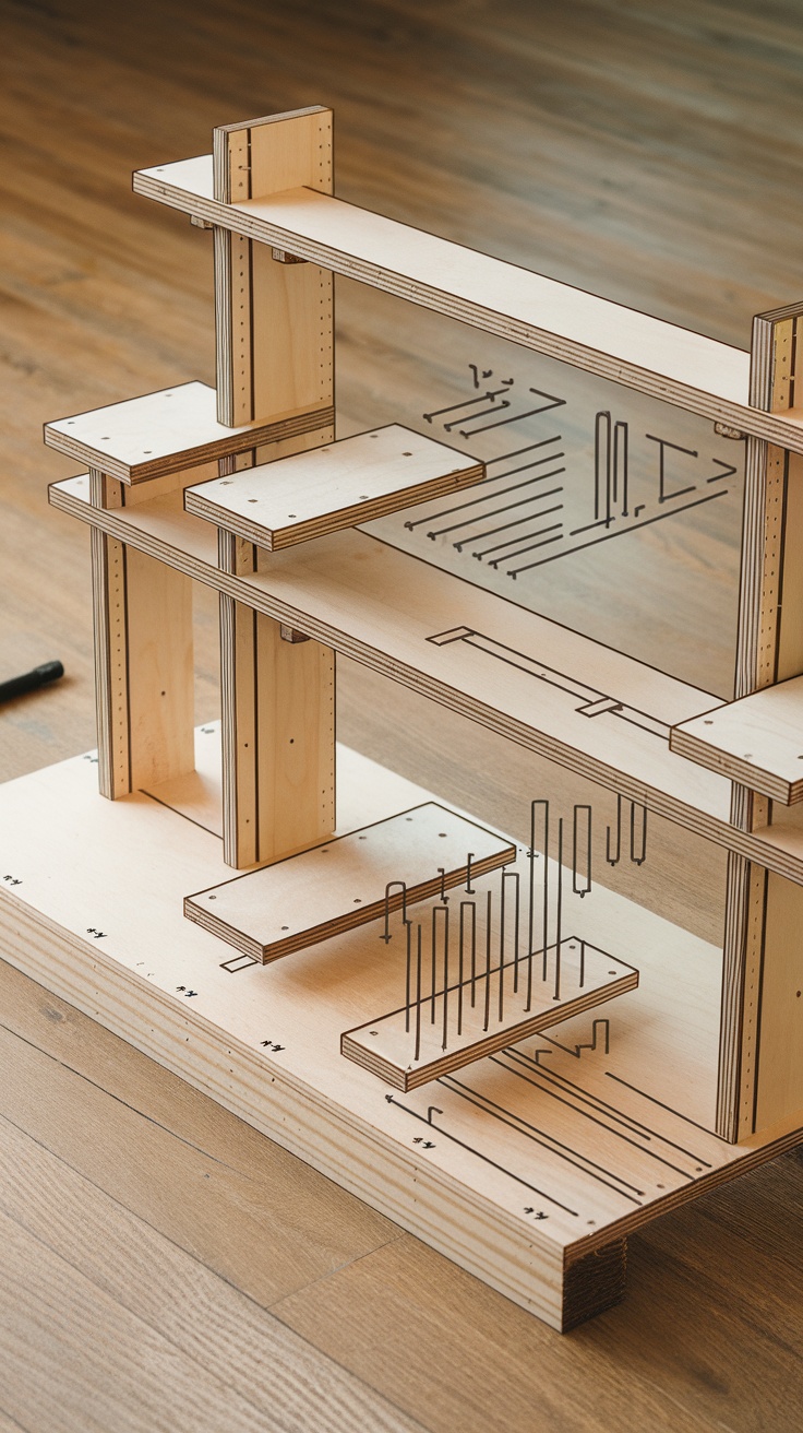 An assembly setup for DIY floating shelves showing various wooden pieces and markings for easy construction.