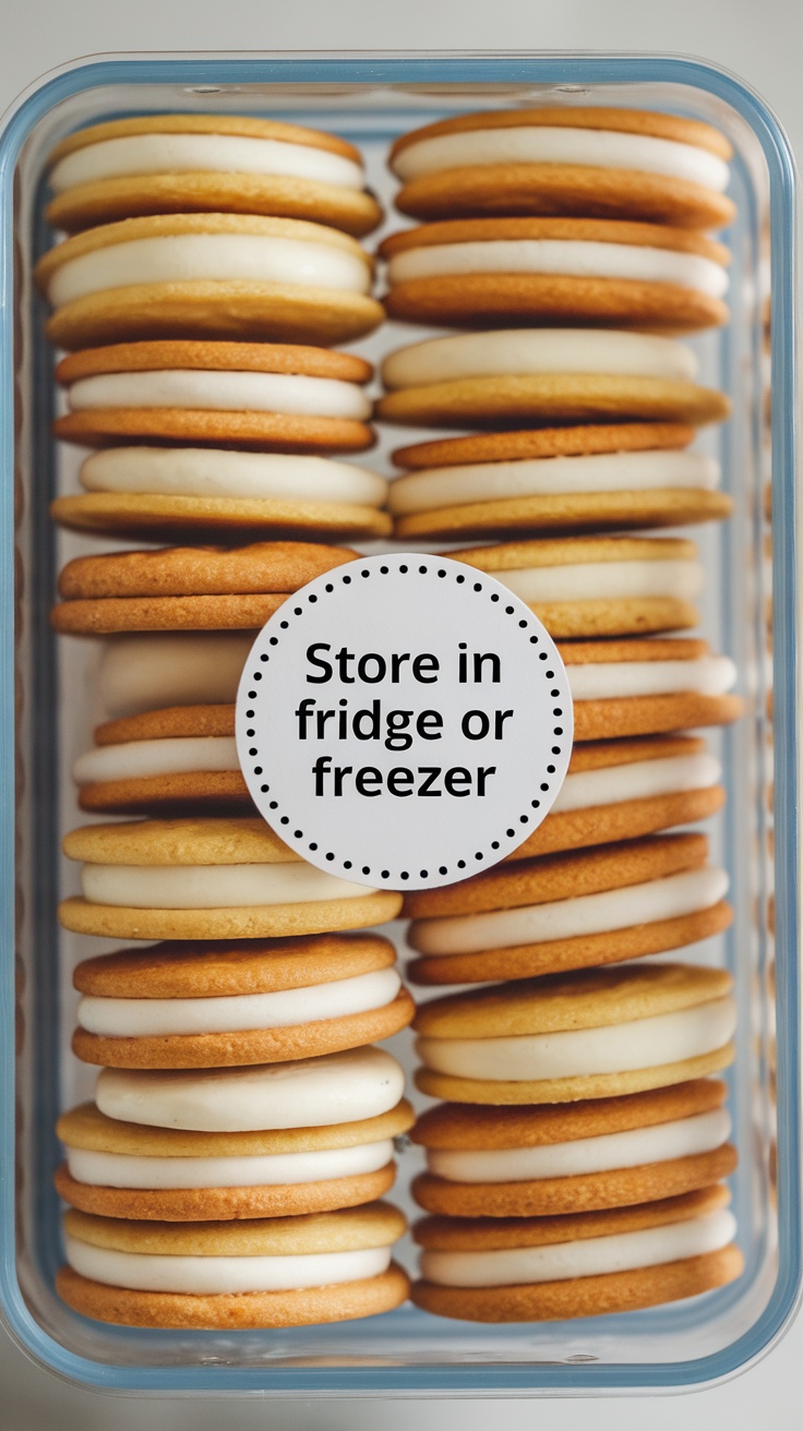 A container of candy apple cookies stacked neatly, labeled for storage.