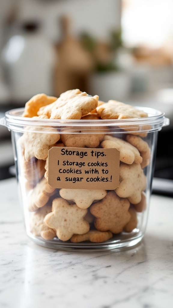 A clear container filled with heart-shaped sugar cookies with a label for storage tips.