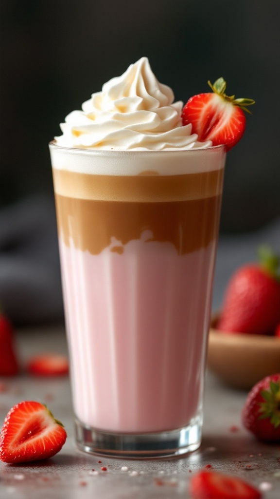 A delicious Strawberry Coffee Whipped Latte in a glass topped with whipped cream and a fresh strawberry