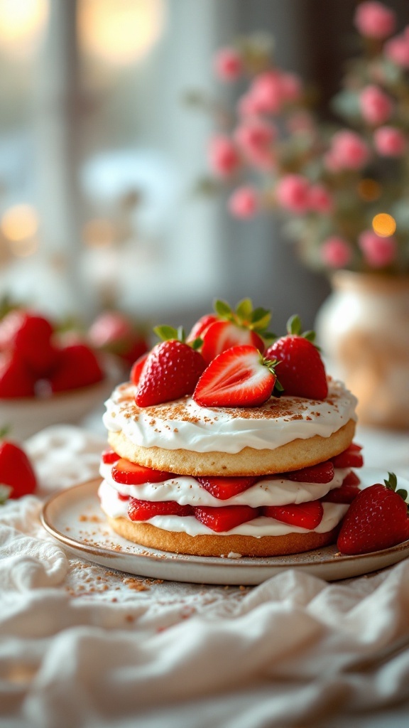 A delicious strawberry shortcake with layers of whipped cream and fresh strawberries