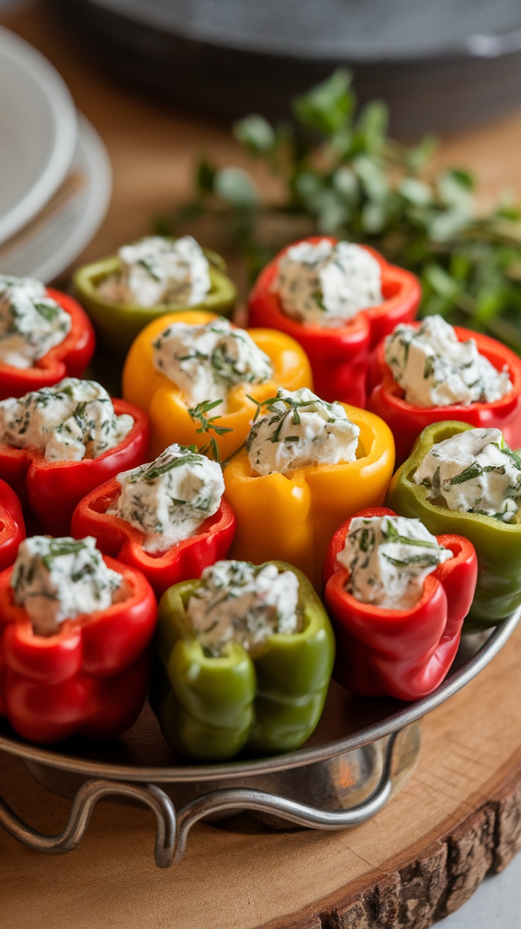 A platter of stuffed mini peppers filled with cream cheese and herbs.