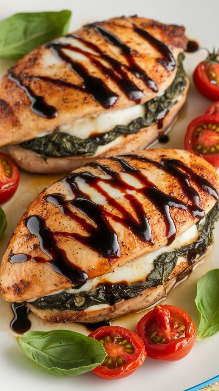 Stuffed Spinach and Cheese Chicken Breast with cherry tomatoes and basil