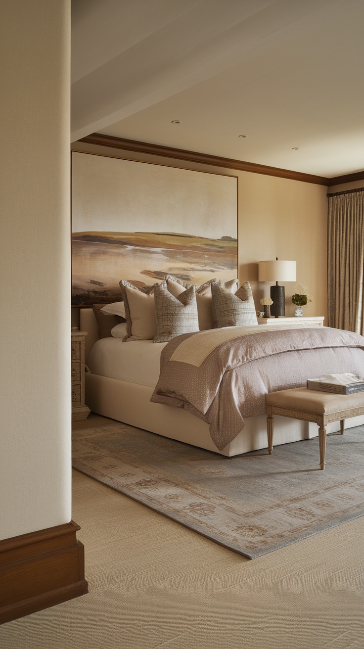 A beautifully decorated bedroom with a stylish area rug, elegant bedding, and soft lighting.