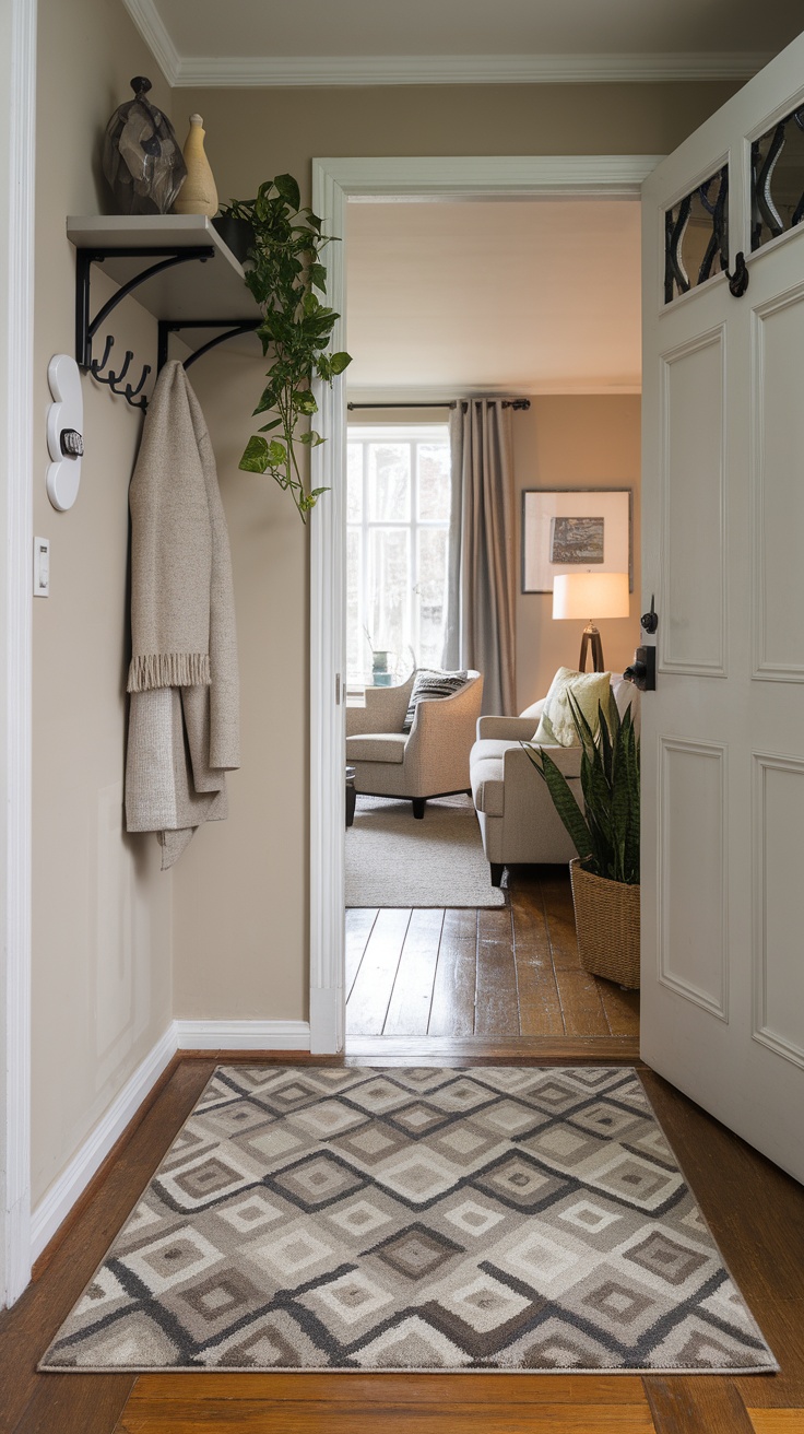 A stylish entryway with a patterned area rug and a cozy aesthetic.