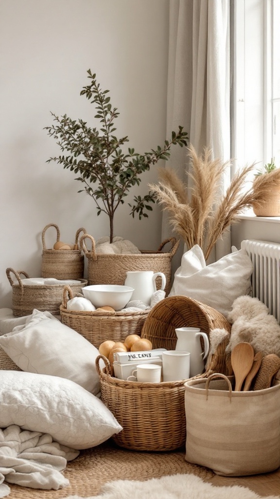 Stylish woven baskets arranged in a cozy room setting, surrounded by pillows and decorative plants.