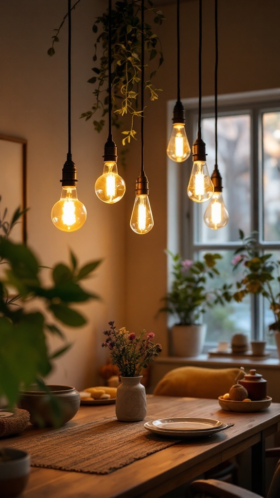 Stylish pendant lights hanging over a dining table with plants and cozy decor