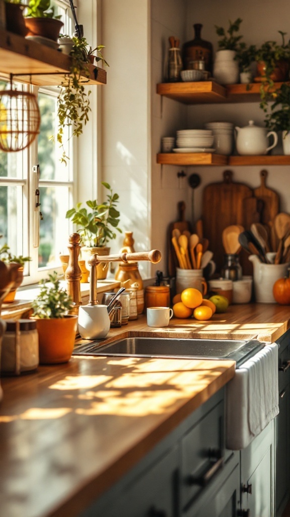 Cozy kitchen with wooden countertops, plants, and kitchenware capturing natural light.