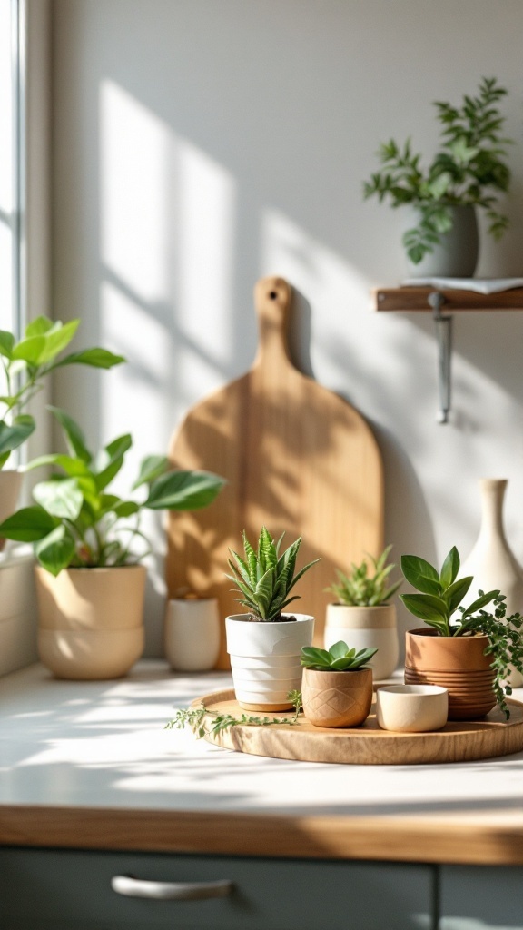 A kitchen countertop decorated with various potted plants and a wooden cutting board.
