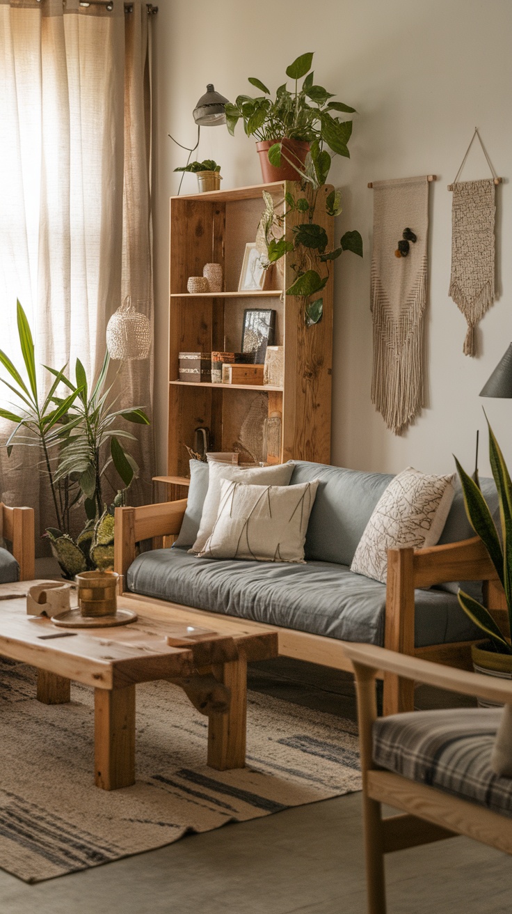 A cozy living room featuring wooden furniture, plants, and organic textiles.