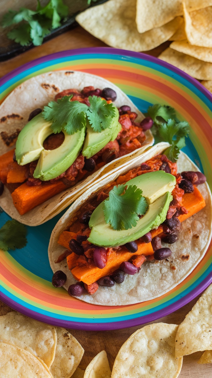 Delicious sweet potato and black bean tacos topped with avocado and cilantro