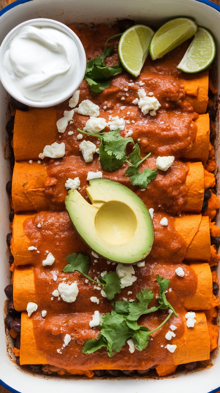 A dish of sweet potato black bean enchiladas topped with sauce, avocado, cilantro, and lime.