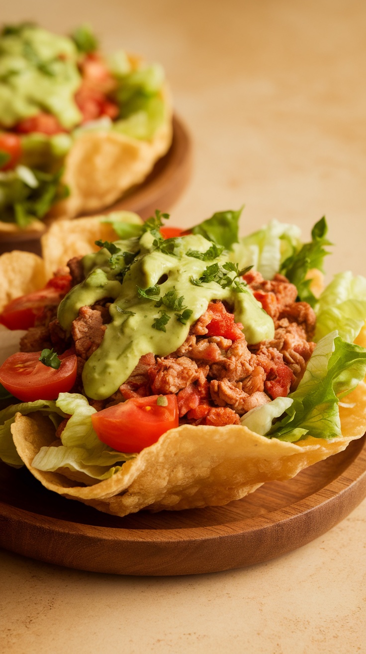 A colorful taco salad with ground turkey, lettuce, diced tomatoes, and a creamy green dressing in a crispy taco shell.