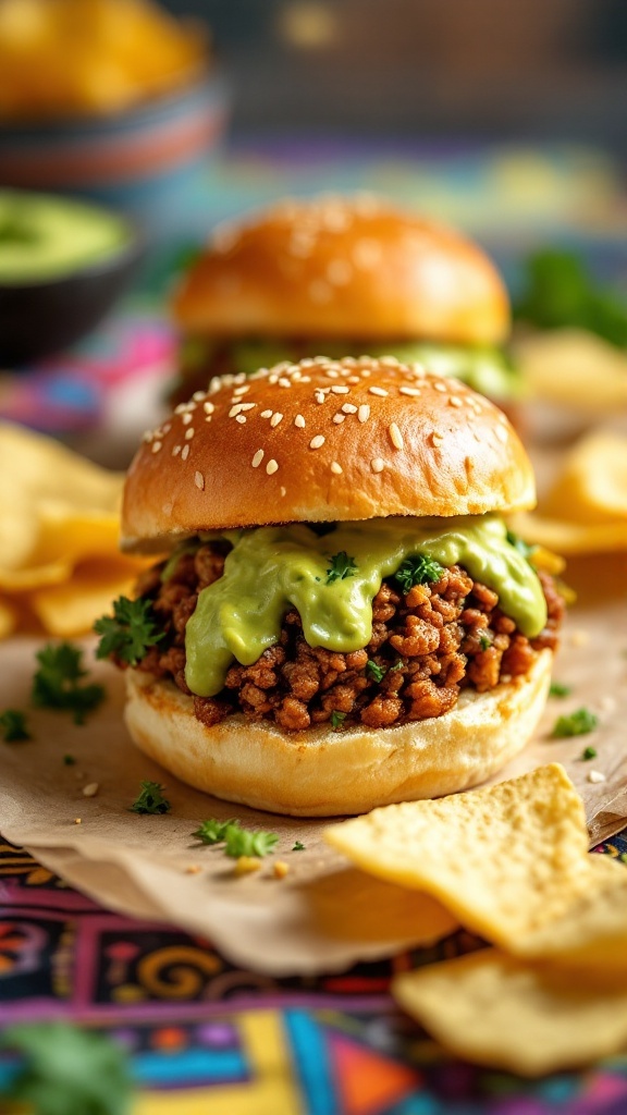 Delicious taco sliders with avocado sauce on a plate