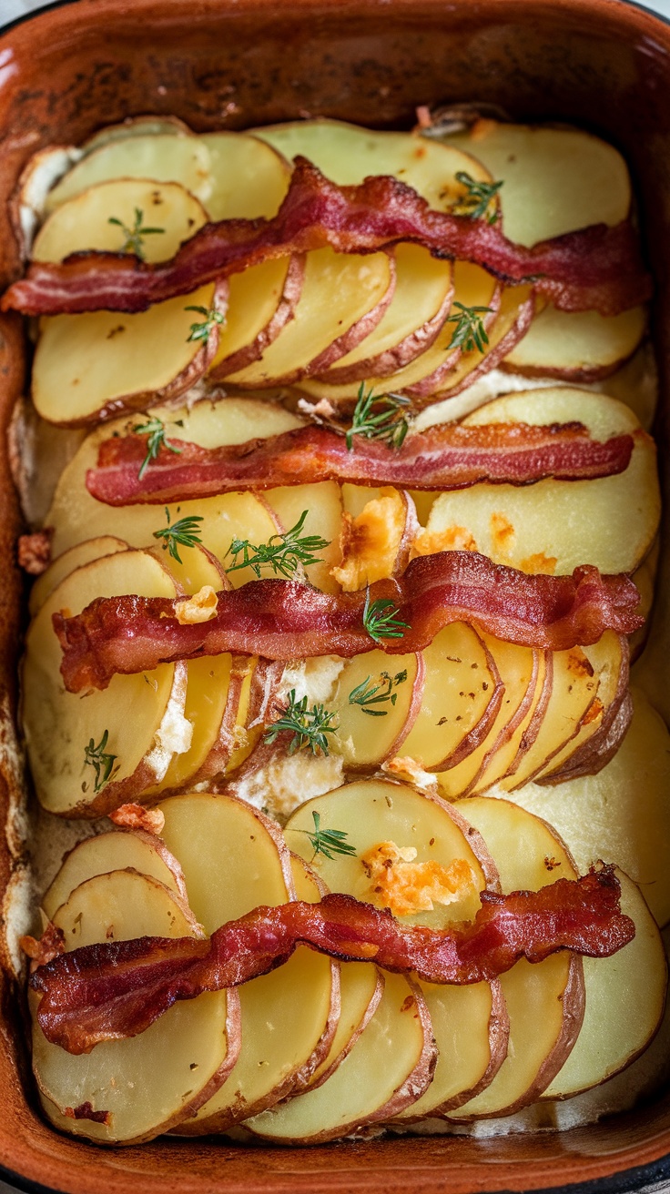 A delicious tartiflette casserole made with layers of potatoes, cheese, and bacon