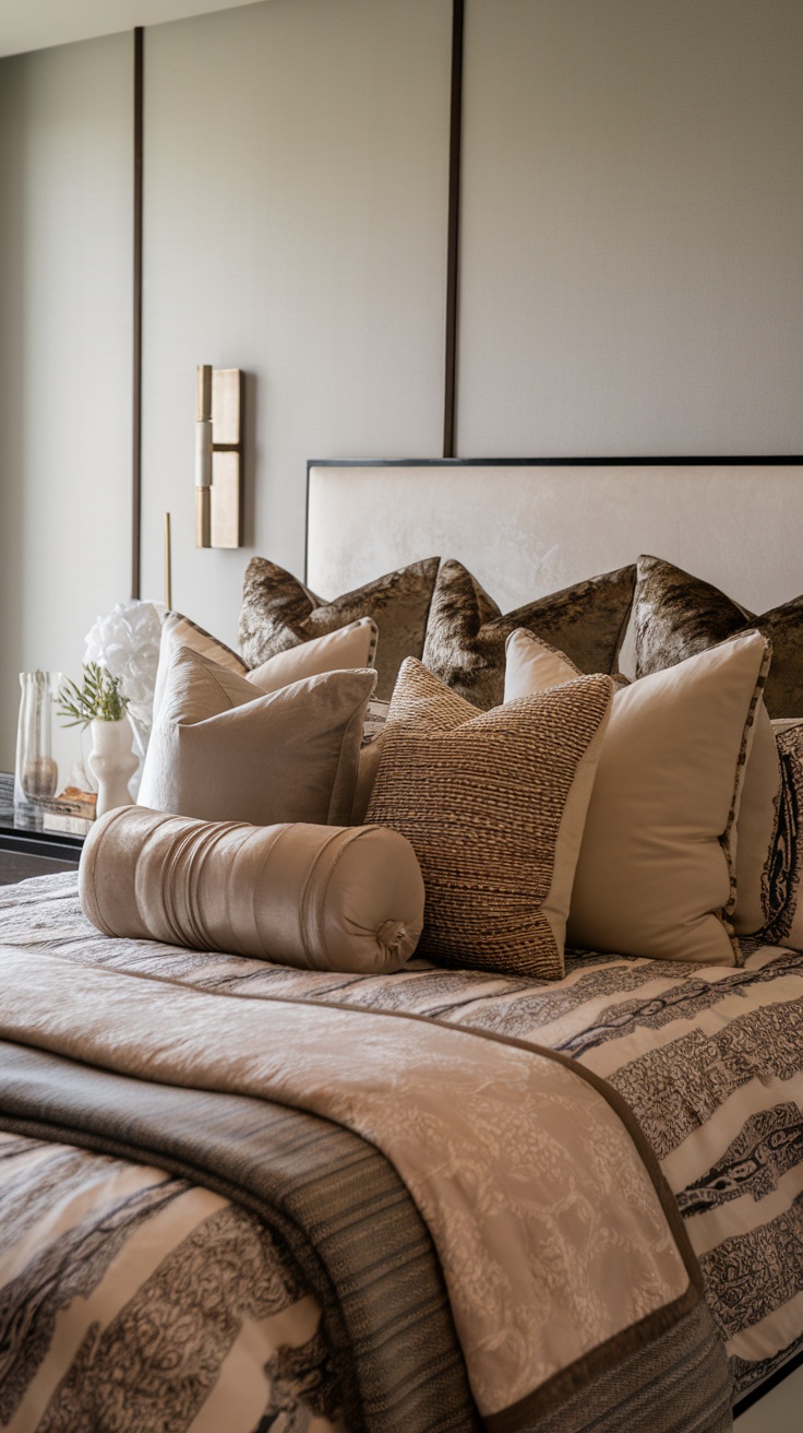 A cozy bed with various textured throw pillows in different shapes and colors.