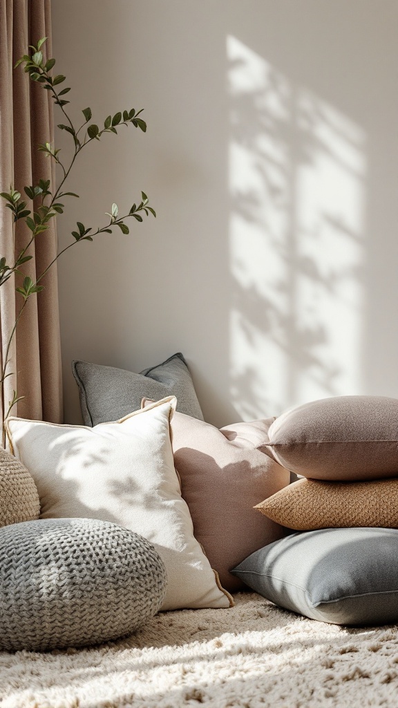 A cozy corner with textured throw pillows and a soft rug, creating an inviting space.