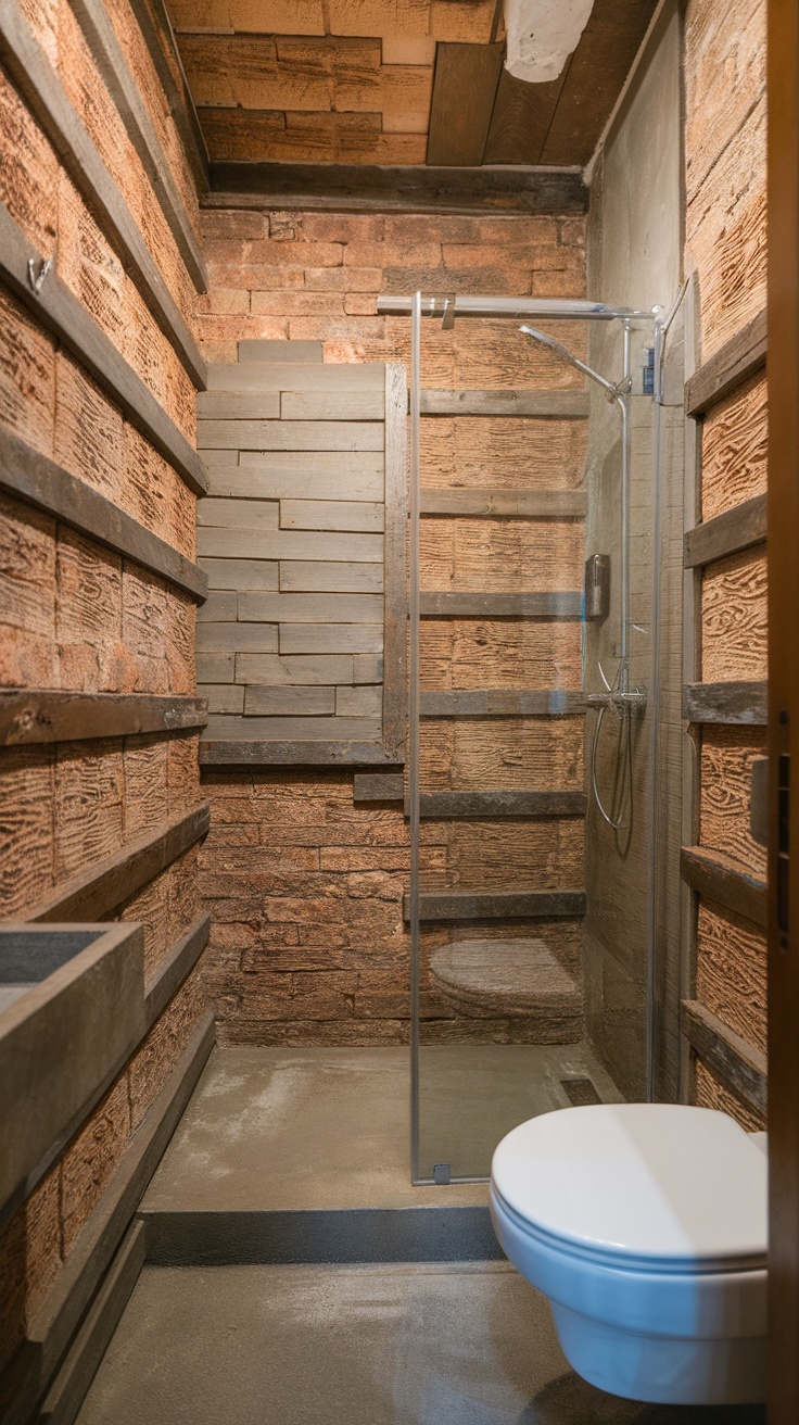 A stylish ensuite shower room featuring textured walls with a mix of rough bricks and wooden panels.