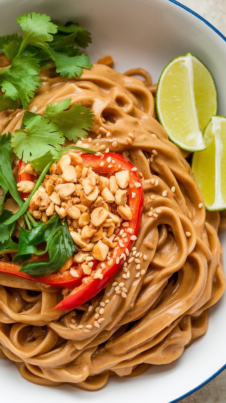 Bowl of Thai-inspired peanut noodles topped with cilantro, peanuts, and red bell pepper slices with lime wedges on the side.