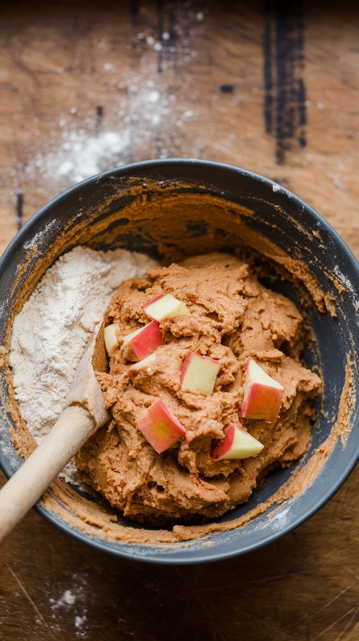 Bowl of cookie dough with apple chunks and flour