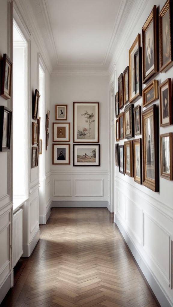 A hallway with a gallery wall featuring various framed artworks, showcasing a neutral color palette, wooden flooring, and classic architectural details.