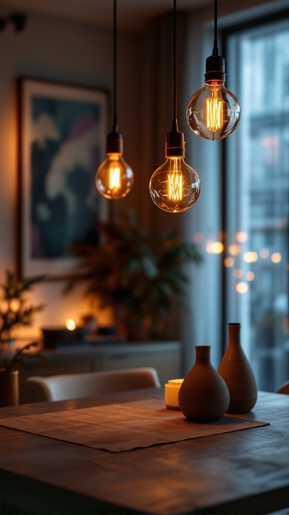 Stylish pendant lights hanging over a dining table in a cozy apartment setting.