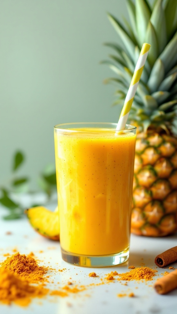 A bright yellow Tropical Turmeric Smoothie in a clear glass with a striped straw, surrounded by pineapple and turmeric powder.