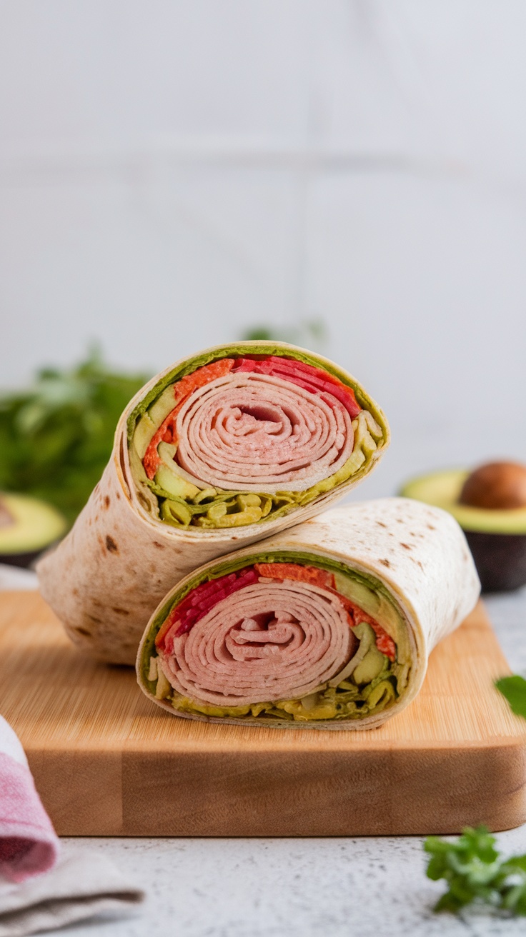 Close-up of turkey and avocado wraps sliced in half, showcasing colorful layers of turkey, lettuce, and vegetables.