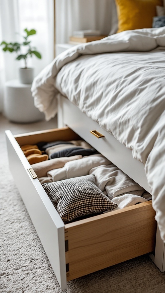 Under-bed storage drawers filled with neatly folded clothes and pillows.