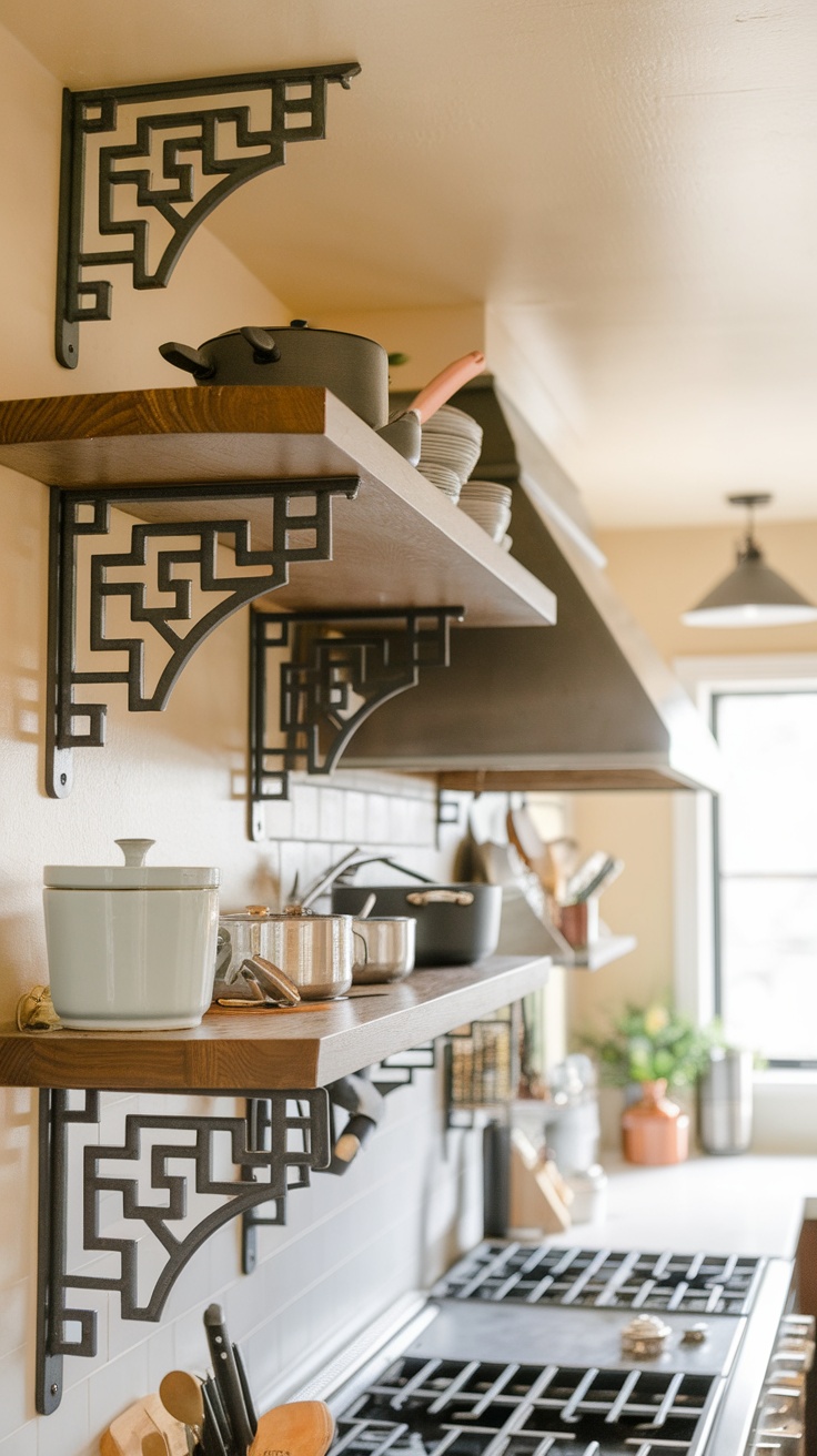 Stylish kitchen shelving supported by decorative black brackets