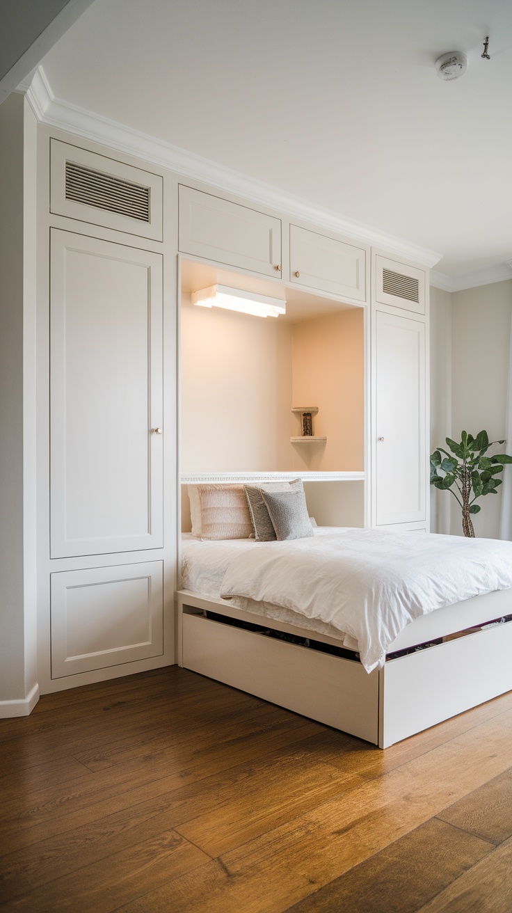 A minimalist bedroom featuring hidden storage solutions with a bed that has drawers underneath and built-in cabinetry.
