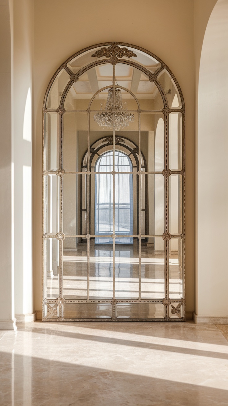 A large arched mirror reflecting light in a spacious room with a chandelier.